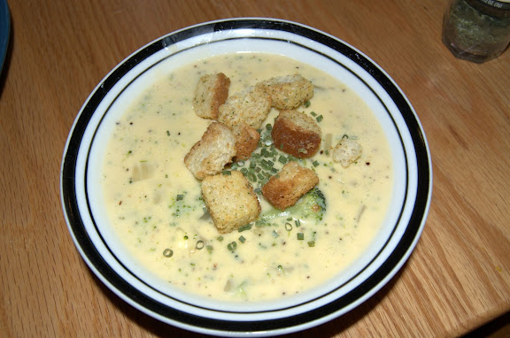 Brocolli Cheese soup with Chives & Croutons