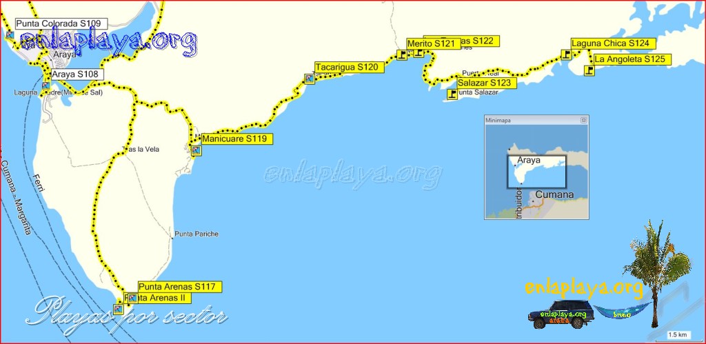 Mapa Manicuare - Playas desde Punta Arenas hasta La Angoleta
