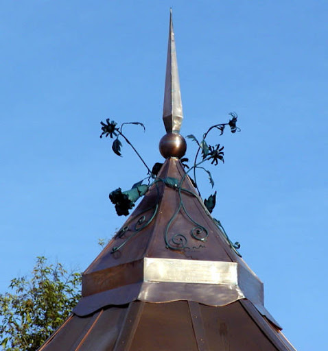 custom whimsical copper finial with forged flowers. Custom copper roof.  Location:  Fresno, CA. Custom built by The Metal
                                             Shoppe, The Copper Specialists!