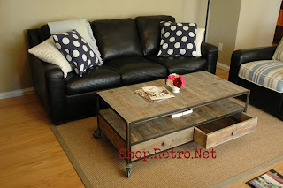 French Industrial Coffee Table with casters and 2 drawers - $545 vintageaz.blogspot.com