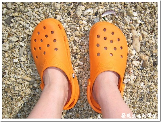 建議穿膠底涼鞋『布希鞋』玩水，既不怕濕、又不怕熱、也不怕踩到尖銳的東西而痛得哇哇叫。 