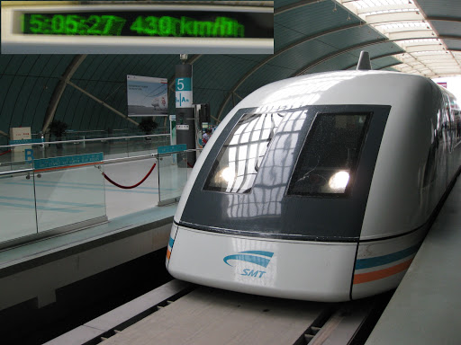 Maglev (Magnetically levitated) train from Shanghai Pudong airport to Pudong. Peak speed on that day 430 kmph. See image top left corner