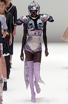 Ensemble of bodysuit and obi-style sash of lilac silk embroidered with silk thread; top of nude synthetic embroidered with silk thread (It's Only a Game - Spring/Summer 2005) Ensemble of bodysuit and obi-style sash of lilac silk embroidered with silk thread; top of nude synthetic embroidered with silk thread (It's Only a Game - Spring/Summer 2005)