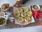 The table runner is kraft paper, made fancy with the Martha Stewart fringe scissors.