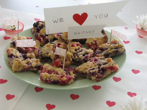A heart themed party for Whitney.  Those are tiny washi tape flags.