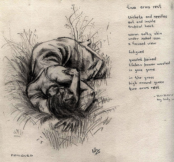 traditional art, pencil portrait of a lady laying on the grass