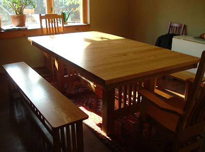 80 x 46 Mission Dining Table & Mission Chairs & Mission Benches, Oak Hardwood, Honey Finish
