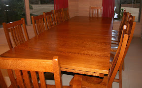 80 x 46 Mission Dining Table With Added Leaves & Arched Mission Chairs, Quarter Sawn Oak Hardwood, Antique Finish