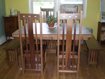 80 x 36 Mission Dining Table & Mission Benches & Zen Chairs, Walnut Hardwood, Natural Finish