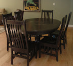 Round 48 Pedestal Dining Table with Added Leaf, Arched Mission Chairs, Oak Hardwood, Midnight Finish
