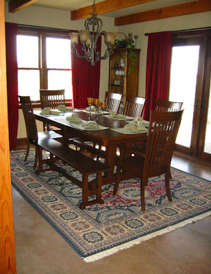 72 x 46 Trestle Dining Table & Lancaster Chairs & Trestle Benches, Oak Hardwood, Lexington Finish