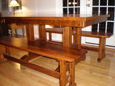 60 x 36 Trestle Dining Table & Trestle Benches, Hickory Hardwood, Sunset Finish
