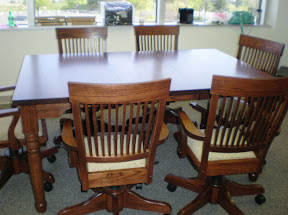 50 x 42 Mission Dining Table with added Leaves and Lancaster Swivel Chairs, Oak Hardwood, Lexington Finish