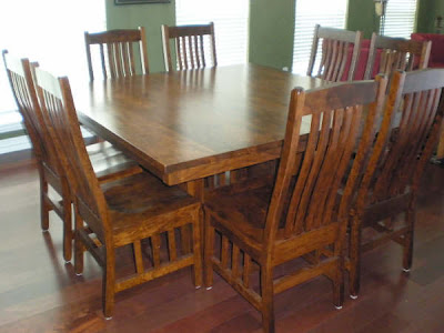 60 x 60 Mission Dining Table, Mission Chairs, Cherry Hardwood, Antique Finish