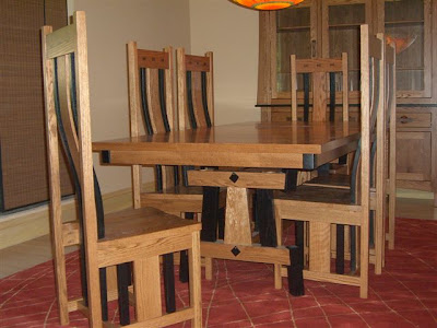 Shenzen Dining Table, Shenzen Chairs, Zen China Cabinet, Oak Hardwood, Medium & Midnight Finish