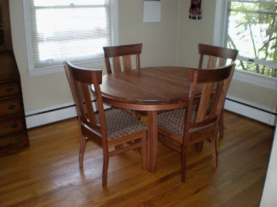50 x 42 Montreal Dining Table with Oval Tabletop and Notched Table Edge, Monaco Chairs, Calico Hickory