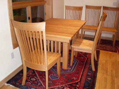 42 x 36 Mission Dining Table, Tabletop 1 Inch Rounded Inset, 1/4 Inch Round Table Edge, Custom Lancaster Chairs, Oil & Wax Oak