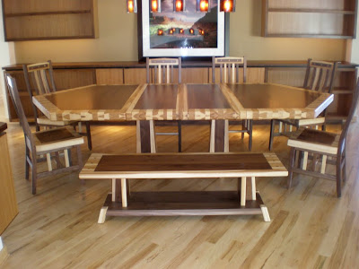80 x 56 Custom Mixed Wood Double Border & Timber Edge Dining Table in Natural Hickory & Walnut, Bench & Raised Mission Chairs