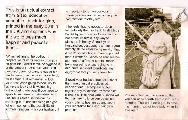 An excerpt from a sex education book for girls, printed in the early 60s in the UK. An excerpt from a sex education book for girls, printed in the early 60s in the UK.