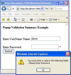 How to show validations in messagebox/popup using ASP.NET