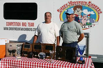 Joe &amp; Roy Murray of Tar Heel Smokers with Grand and Reserve Grand Champion Trophies. The blue trophy is the Governors Cup won by Tar Heel Smokers. Maggie Valley, NC 2006