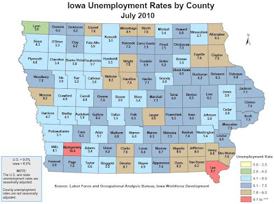 Unemployment In Iowa Ranged From 3.9% In Lyon County to 10.4% In Montgomery County.  The Statewide Average For July Was 6.8%.<br />
(Washington Economic Development Group)