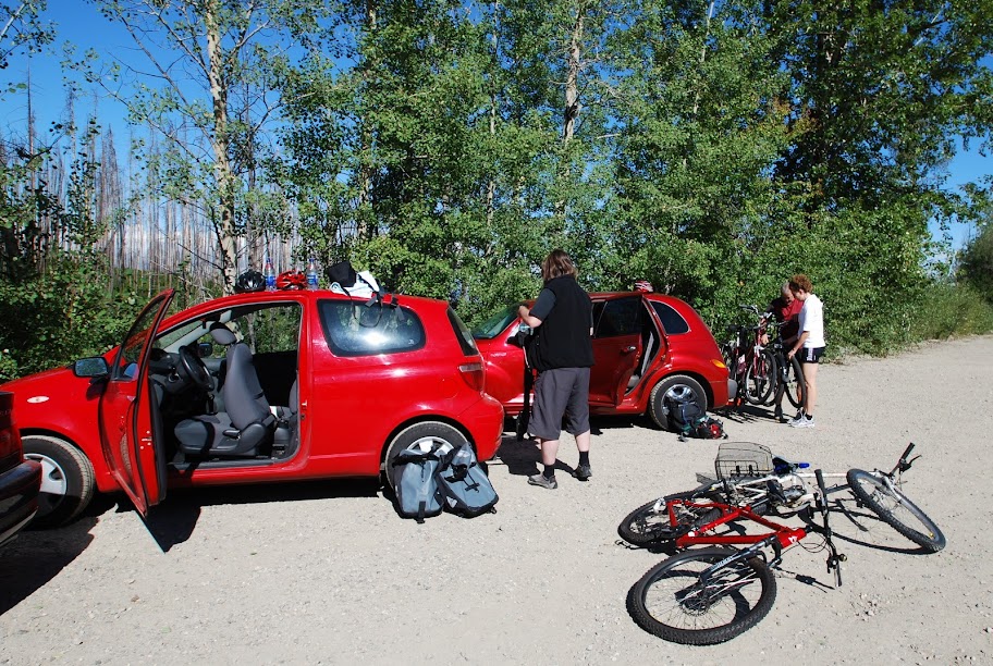Unloading the bikes at Myra Canyon