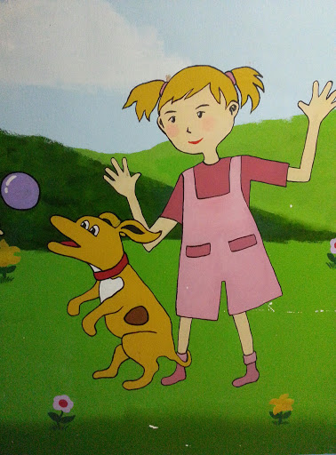 Girl in Pink Blouse with a Dog Catching Ball