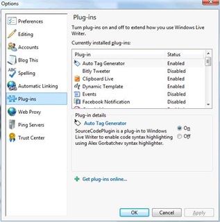 Windows Live Writer plug-ins disable
