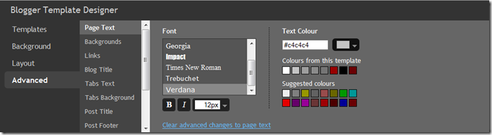 In the Advanced tab area choosing fonts and sizes