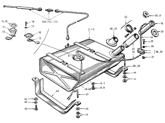 Datsun Fairlady Parts illustration no. 011-1 Fuel Tank (Exc. Evapo)