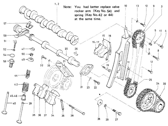Datsun Fairlady Parts illustration no. 004A-1 Camshaft, Chain & Valve Mechanism 2000 (U20)