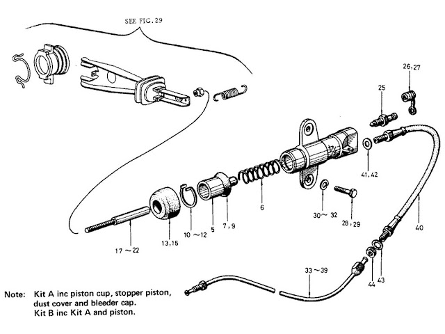 Datsun Fairlady Parts illustration no. 046-1 Clutch Operating Cylinder (To C/# SP311-04000, SPL311-21954, SR311-01890, SRL311-04879)