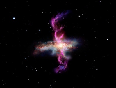 ilustração de galáxia com escape de gás molecular