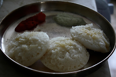 Serving Suggestion: Idlies with coconut chutney and tomato thokku