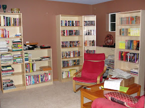 Library bookshelves with books.