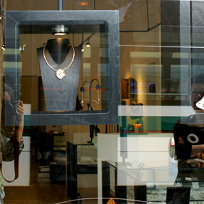 Sherry Cordova Jewelry in the window of the Lireille Gallery of Contemporary Jewelry and Art, Oakland, CA Sherry Cordova Jewelry in the window of the Lireille Gallery of Contemporary Jewelry and Art, Oakland