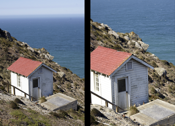 Photography framing experiment: Light at top of photo at left; consistent color on top of photo at right