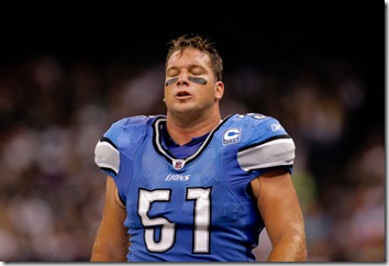2009 September 13: Detroit Lions center Dominic Raiola (51) reacts during a 45-27 win by the New Orleans Saints over the Detroit Lions at the Louisiana Superdome in New Orleans, Louisiana.