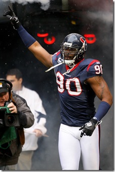 28 DEC 2008: Houston Texans defensive end Mario Williams #90 is introduced to the crowd during a football game between the Chicago Bears  and the Houston Texans Dec 28, 2008 at Reliant Stadium in Houston, Texas. 