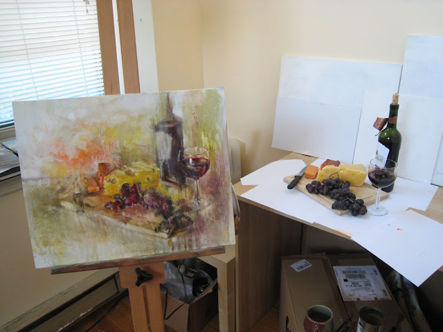 still life, wine bottle, wine glass, grape, cheese, knife, 2008