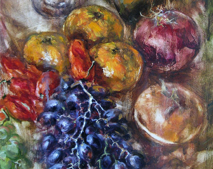still life with grape, orange, wine, etc detail