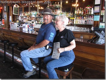 The friendly bartender was kind enough to take our photo.  She is a born-and-raised Roslyn girl who is working at The Brick while she completes her education.  Her pride in the town and the saloon itself were evident.  "Where else can you have a great time in a historic place like this?"  See the spitoon under our feet!