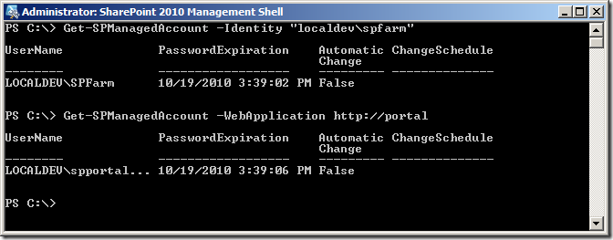 Get-SPManagedAccount -Identity "localdev\spfarm" Get-SPManagedAccount -Identity "localdev\spfarm"