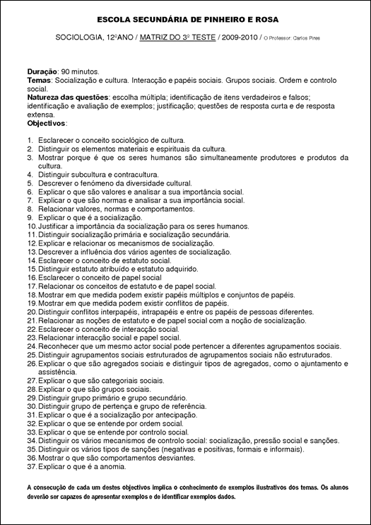matriz  3º teste de sociologia 2010