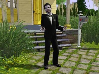 A man with ashen skin, wearing a goatee, dark stubble, and a formal suit strikes a menacing pose. Behind him is the same house and vista.