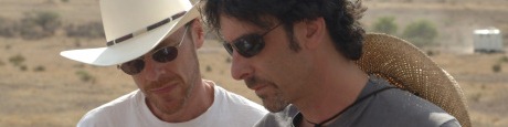 Ethan and Joel Coen on set of NO COUNTRY FOR OLD MEN