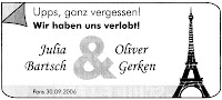 Anzeige zur Verlobung (verspätet!)
04.02.2007 im Sonntags-Report
http://www.sonntags-report.de Anzeige zur Verlobung (verspätet!)
04.02.2007 im Sonntags-Report
http://www.sonntags-report.de