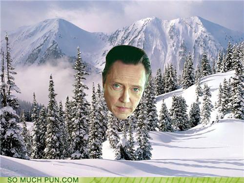 photo of snow covered valley and Christopher Walken's face in the middle