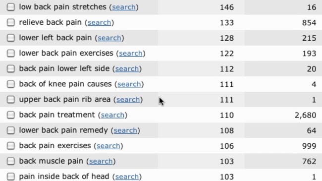 Search volume and competition for upper back pain rib area